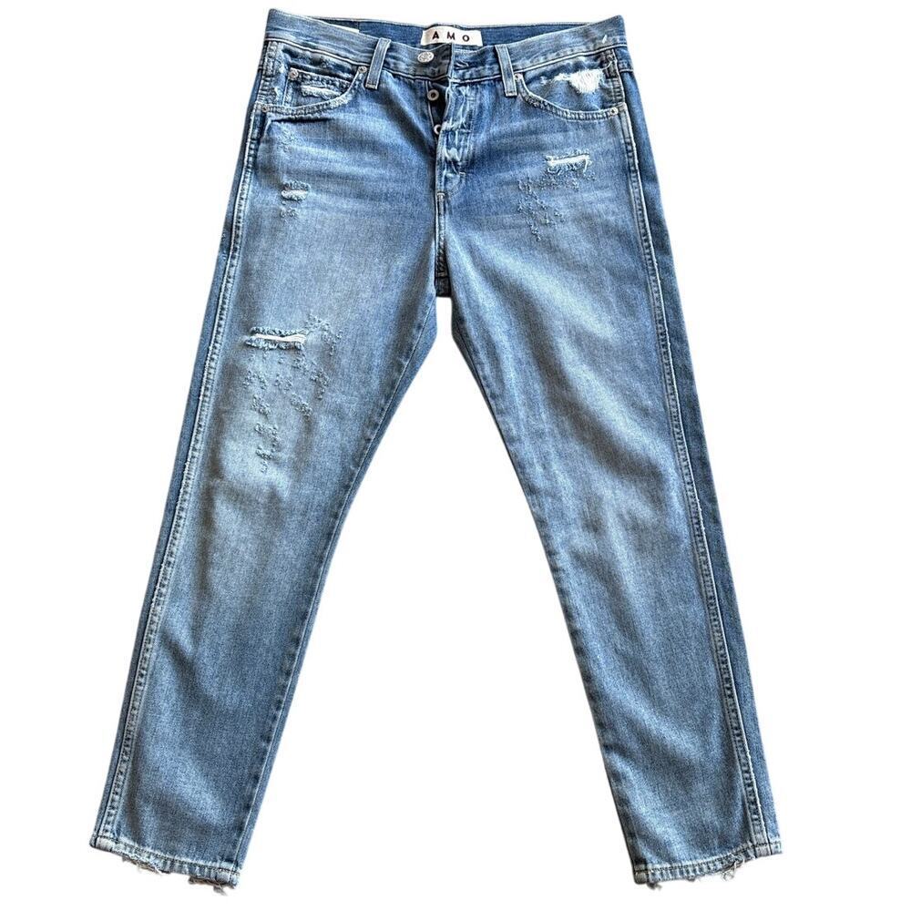 AMO Denim Ace Starboard Destroy Jeans Size 26 Owl Embroidery Made in USA Light